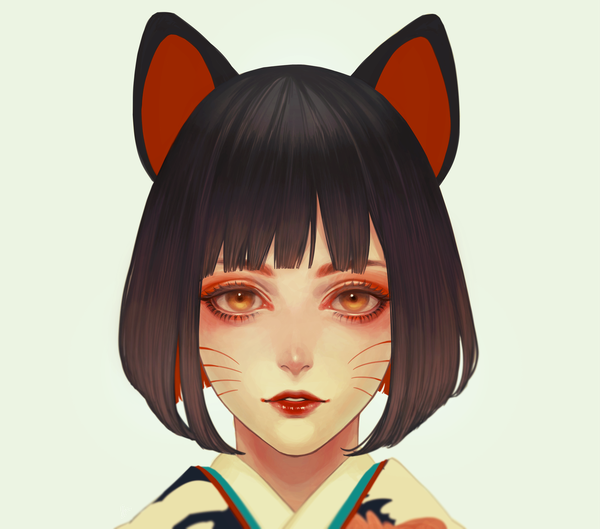 Anime picture 1815x1602 with original fioletovyy single looking at viewer fringe highres short hair black hair simple background brown eyes signed animal ears upper body blunt bangs traditional clothes parted lips japanese clothes multicolored hair lips cat ears