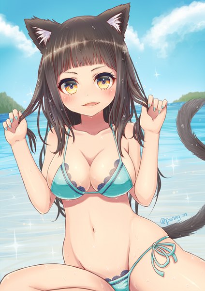 Anime picture 1084x1534 with original miyamae porin single long hair tall image looking at viewer blush fringe breasts open mouth light erotic black hair smile sitting signed animal ears yellow eyes sky cloud (clouds) outdoors