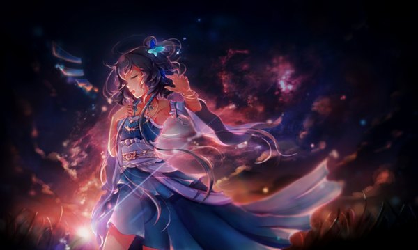 Anime picture 951x570 with vocaloid vocaloid china luo tianyi xing single long hair fringe open mouth wide image sky purple hair cloud (clouds) eyes closed wide sleeves armpit (armpits) light singing girl dress detached sleeves