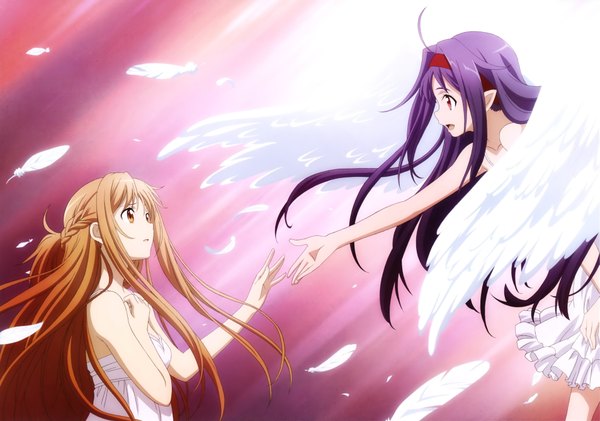 Anime picture 3810x2676 with sword art online a-1 pictures yuuki asuna yuuki (sao) kusakabe chizuko long hair highres open mouth brown hair multiple girls brown eyes absurdres purple hair scan official art girl 2 girls wings hairband feather (feathers)