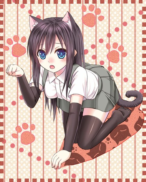 Anime picture 663x824 with kantai collection asashio destroyer tsukino neru single long hair tall image blush fringe open mouth blue eyes black hair animal ears bent knee (knees) tail animal tail pleated skirt cat ears cat girl cat tail no shoes