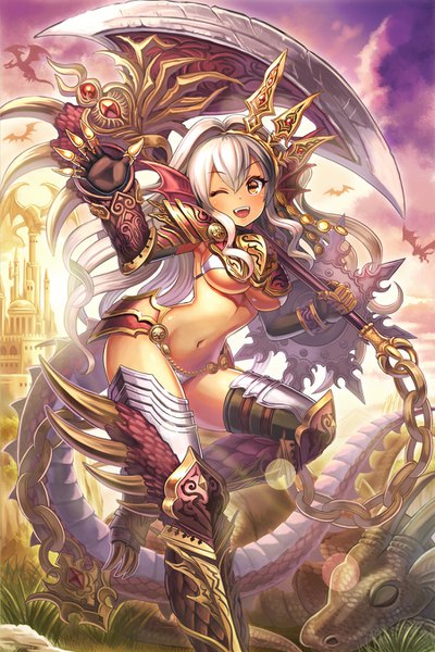 Anime-Bild 900x1350 mit chain chronicle sega madopen single long hair tall image looking at viewer blush fringe breasts open mouth light erotic hair between eyes large breasts standing holding brown eyes sky cleavage silver hair