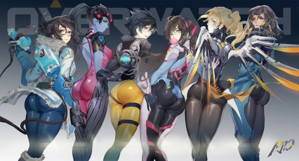 Anime picture 5552x3000 with overwatch blizzard entertainment d.va (overwatch) mercy (overwatch) widowmaker (overwatch) tracer (overwatch) mei (overwatch) pharah (overwatch) messikid long hair looking at viewer fringe highres short hair breasts open mouth blue eyes light erotic black hair blonde hair