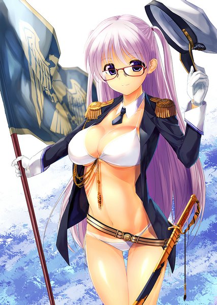 Anime-Bild 712x1000 mit original kiryuu takahisa single long hair tall image looking at viewer blush breasts light erotic purple eyes purple hair light smile open clothes open jacket bare belly one side up hat removed girl gloves navel