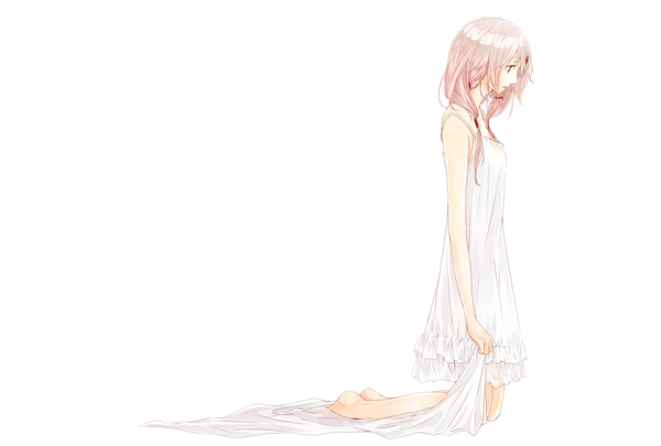 Anime picture 1007x680 with guilty crown production i.g yuzuriha inori yoma (pixiv) single long hair simple background red eyes white background pink hair profile barefoot kneeling girl dress hair ornament frills white dress hairclip