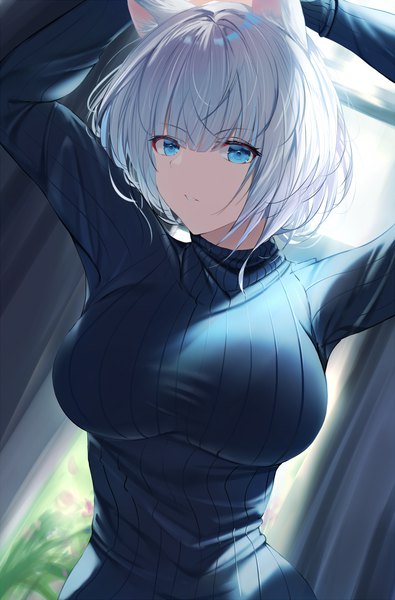 Anime picture 941x1429 with azur lane kaga (azur lane) xi ying single tall image looking at viewer fringe short hair breasts blue eyes large breasts standing animal ears silver hair blunt bangs long sleeves parted lips arms up dutch angle alternate costume