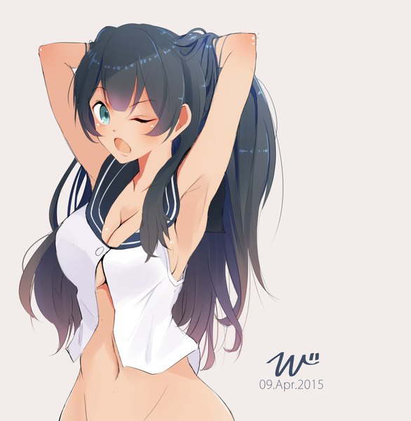 Anime picture 2060x2111 with kantai collection agano light cruiser tebi (tbd11) single long hair tall image looking at viewer blush fringe highres breasts open mouth light erotic black hair simple background large breasts bare shoulders one eye closed aqua eyes open clothes