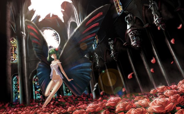 Anime picture 3508x2175 with mahou shoujo madoka magica shaft (studio) gertrud (madoka magica) chevasis (artist) single highres short hair light erotic red eyes wide image absurdres cleavage green hair insect wings butterfly wings girl underwear panties flower (flowers) petals