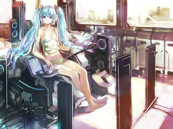 Anime picture 2000x1500 with vocaloid hatsune miku zrero single long hair highres light erotic sitting twintails blue hair barefoot black eyes girl underwear panties wire (wires) speakers