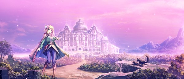 Anime picture 2193x945 with leadale no daichi nite cayna  (leadale no daichi nite) tenmaso single highres short hair open mouth blue eyes blonde hair smile wide image standing sky cloud (clouds) full body outdoors :d official art outstretched arm mountain