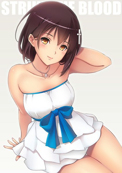 Anime picture 707x1000 with strike the blood himeragi yukina lintanghaseo single long hair tall image looking at viewer blush black hair bare shoulders yellow eyes girl dress bow