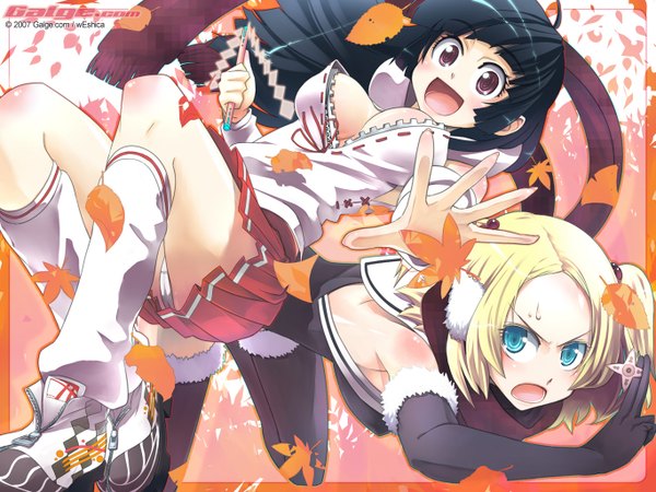 Anime picture 1365x1024 with breasts light erotic blonde hair multiple girls cleavage pantyshot girl thighhighs skirt uniform underwear panties 2 girls school uniform
