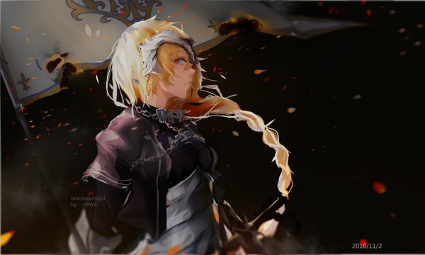 Anime-Bild 3000x1800 mit fate (series) fate/grand order jeanne d'arc (fate) (all) jeanne d'arc (fate) hzw3 single long hair looking at viewer fringe highres blue eyes blonde hair hair between eyes wide image signed upper body outdoors braid (braids) profile copyright name