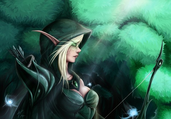 Anime picture 5000x3500 with zackargunov single long hair highres blonde hair green eyes absurdres profile lips pointy ears scar elf girl weapon hood blood bow (weapon) arrow (arrows)