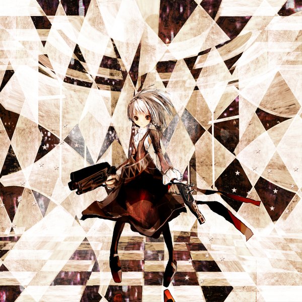 Anime picture 1280x1280 with original 86thunder single short hair brown eyes white hair checkered floor rhombus girl dress gun