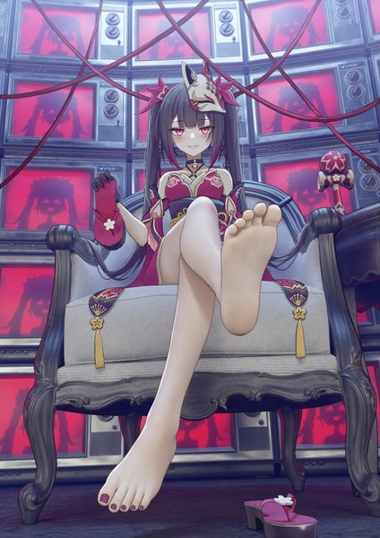 Anime-Bild 2480x3508 mit honkai: star rail honkai (series) sparkle (honkai: star rail) andy2465 single long hair tall image looking at viewer blush fringe highres breasts light erotic black hair smile red eyes sitting twintails bare shoulders payot