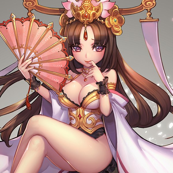 Anime picture 1024x1024 with shin sangoku musou diao chan (shin sangoku musou) ryushin single long hair fringe breasts light erotic simple background brown hair bent knee (knees) pink eyes grey background legs crossed legs finger to mouth girl fan clothes