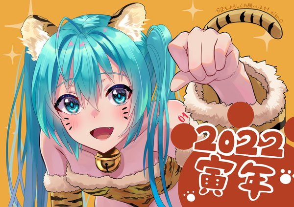Anime-Bild 3508x2480 mit vocaloid hatsune miku tatyaoekaki single looking at viewer fringe highres open mouth blue eyes light erotic smile hair between eyes twintails animal ears blue hair absurdres tail animal tail facial mark new year