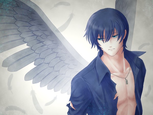 Anime picture 1280x960 with vocaloid kaito (vocaloid) tagme (artist) single fringe short hair blue eyes blue hair looking away open clothes open shirt torn clothes muscle angel wings boy shirt wings pendant feather (feathers) black shirt