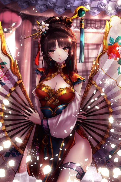Anime picture 1000x1500 with devil maker ruck single long hair tall image looking at viewer fringe breasts light erotic smile brown hair standing holding brown eyes payot traditional clothes hair flower wide sleeves floral print chinese clothes