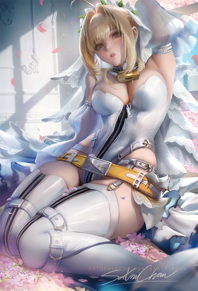 Anime picture 684x1000 with fate (series) fate/extra fate/extra ccc nero claudius (fate) nero claudius (fate/extra) nero claudius (bride) (fate) sakimichan single tall image looking at viewer fringe short hair breasts light erotic blonde hair large breasts sitting bare shoulders brown eyes signed