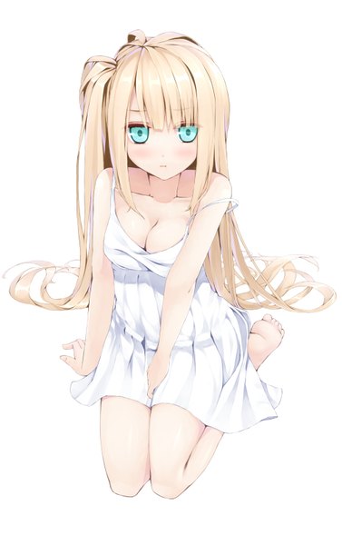 Anime picture 1000x1589 with original uttt single long hair tall image blue eyes blonde hair simple background white background girl sundress