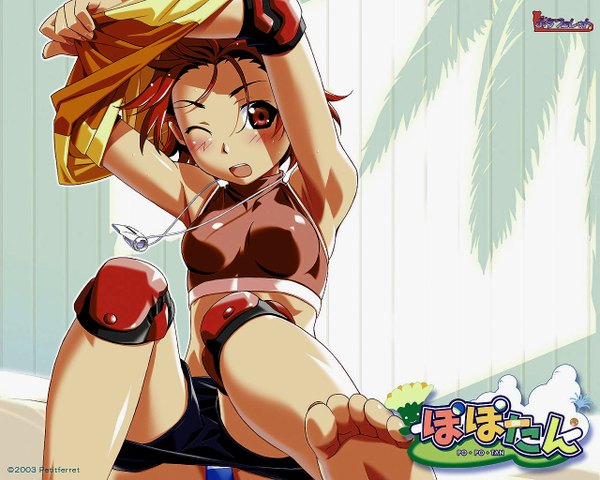 Anime picture 1280x1024 with popotan mai (popotan) blush open mouth light erotic red eyes bare shoulders one eye closed barefoot wink sunlight undressing girl underwear panties shorts pendant crop top striped panties knee pads