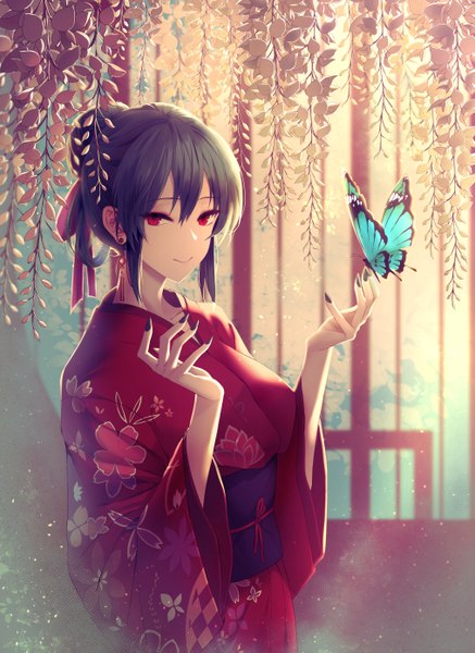 Anime picture 2025x2775 with original limeblock single tall image looking at viewer fringe highres short hair breasts black hair smile hair between eyes red eyes standing payot upper body nail polish traditional clothes japanese clothes fingernails