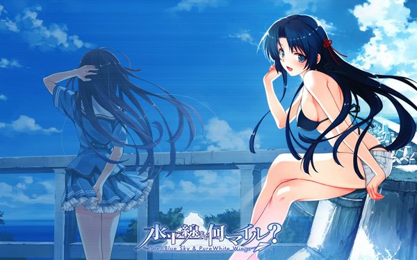 Anime picture 1920x1200 with suiheisen made nan mile? koga sayoko long hair looking at viewer highres breasts open mouth blue eyes light erotic smile wide image sitting bare shoulders sky cloud (clouds) pleated skirt wind inscription midriff back
