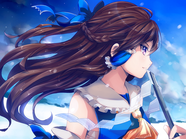 Anime picture 1024x768 with touhou hakurei reimu ecliptic single long hair brown hair looking away braid (braids) traditional clothes profile pink eyes light smile wind snowing winter snow miko alternate color girl hair ornament