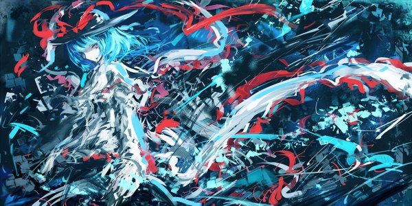 Anime picture 2000x1000 with touhou nagae iku ayaya (artist) single highres short hair red eyes wide image blue hair abstract girl ribbon (ribbons) hat