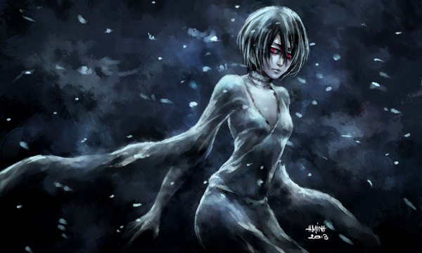 Anime picture 2500x1500 with bleach studio pierrot kuchiki rukia nanfe single highres short hair black hair red eyes wide image signed long sleeves snowing winter girl