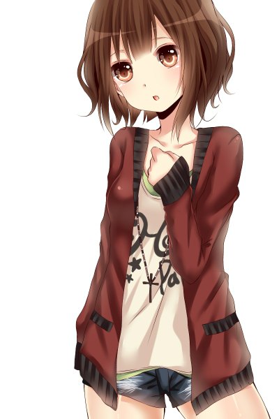 Anime picture 800x1200 with original yamasuta single tall image looking at viewer blush short hair open mouth simple background brown hair white background brown eyes girl jacket shorts cross