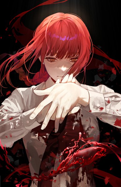 Anime picture 1000x1542 with chainsaw man mappa makima (chainsaw man) nea (nongta2002) single long hair tall image fringe simple background standing payot upper body red hair blunt bangs braid (braids) long sleeves arms up orange eyes floating hair single braid
