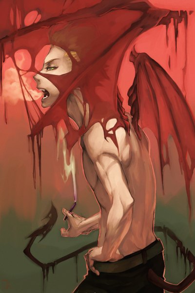 Anime picture 1000x1500 with yondemasu yo, azazel-san production i.g azazel chongcao single tall image looking at viewer short hair open mouth simple background blonde hair green eyes tail profile hand on hip back topless smoke demon tail demon wings