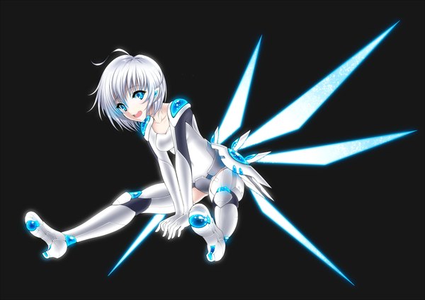 Anime picture 2104x1488 with original oshou (artist) single looking at viewer highres short hair open mouth simple background ahoge aqua eyes grey hair high heels mecha musume mechanical wings girl wings