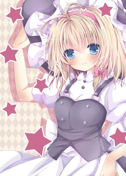 Anime picture 1181x1652 with touhou alice margatroid nanase nao single tall image looking at viewer blush short hair blue eyes blonde hair smile girl dress headdress star (symbol) witch hat