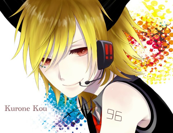 Anime picture 1300x1000 with nico nico singer 96neko single short hair blonde hair smile red eyes bare shoulders inscription piercing reverse trap girl headphones pendant