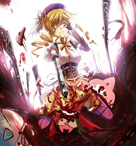 Anime picture 1100x1179 with mahou shoujo madoka magica shaft (studio) tomoe mami charlotte (madoka magica) stu dts long hair tall image blonde hair yellow eyes drill hair guro girl dress weapon fingerless gloves gun blood rifle musket