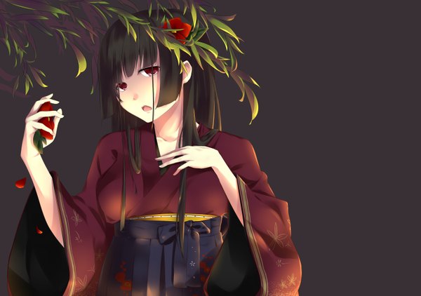 Anime picture 2893x2039 with original dushe single long hair looking at viewer highres open mouth black hair red eyes traditional clothes japanese clothes hair flower dark background girl hair ornament flower (flowers) kimono