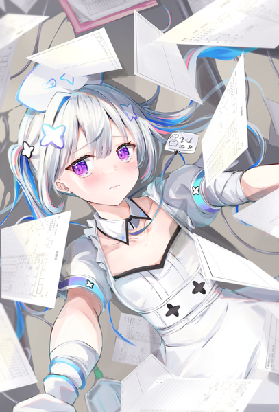 Anime picture 2141x3153 with virtual youtuber hololive amane kanata amane kanata (4th costume) mihasu single long hair tall image looking at viewer blush fringe highres hair between eyes purple eyes twintails silver hair lying arms up on back official alternate costume