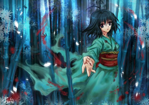 Аниме картинка 1415x1000 с граница пустоты type-moon ryougi shiki один (одна) короткие волосы голубые глаза чёрные волосы ахоге японская одежда вытянутая рука девушка растение (растения) дерево (деревья) кимоно кровь лес бамбук