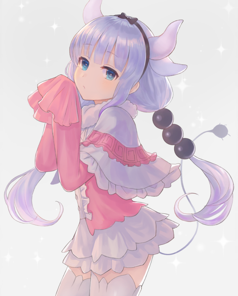 Anime picture 660x823 with kobayashi-san chi no maidragon kyoto animation kanna kamui okakan single long hair tall image looking at viewer fringe blue eyes simple background twintails payot purple hair tail blunt bangs long sleeves horn (horns) grey background sparkle