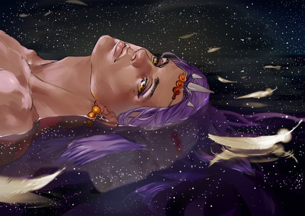 Anime picture 1410x1000 with jojo no kimyou na bouken cars (jojo) emg (christain) single long hair looking at viewer yellow eyes purple hair lying on back reflection shirtless boy hair ornament earrings water star (stars) feather (feathers)