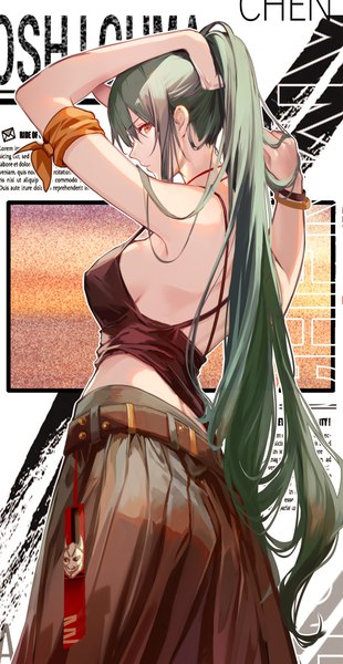 Anime picture 2533x4899 with arknights hoshiguma (arknights) clouble single long hair tall image looking at viewer fringe highres breasts light erotic hair between eyes large breasts standing payot ponytail profile pleated skirt arm up horn (horns)