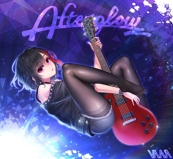 Anime picture 2263x2084 with bang dream! mitake ran vana single looking at viewer fringe highres short hair light erotic black hair simple background hair between eyes holding signed full body bent knee (knees) pink eyes multicolored hair off shoulder inscription