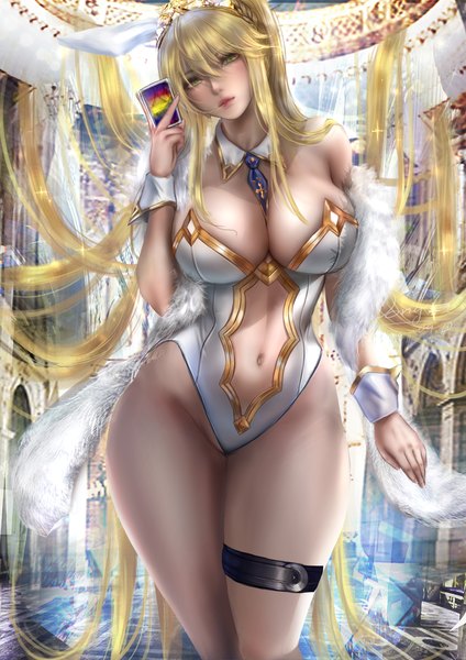 Anime picture 2475x3500 with fate (series) fate/grand order artoria pendragon (all) artoria pendragon (swimsuit ruler) (fate) donyta single tall image looking at viewer blush fringe highres breasts light erotic blonde hair hair between eyes large breasts standing holding signed animal ears