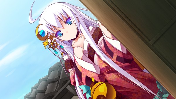 Anime picture 1280x720 with sengoku hime 4 long hair blue eyes wide image game cg ahoge white hair traditional clothes girl hair ornament