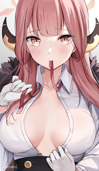 Anime picture 3080x5320 with blue archive aru (blue archive) kaetzchen single long hair tall image looking at viewer blush fringe highres breasts light erotic large breasts holding signed yellow eyes pink hair absurdres blunt bangs horn (horns)