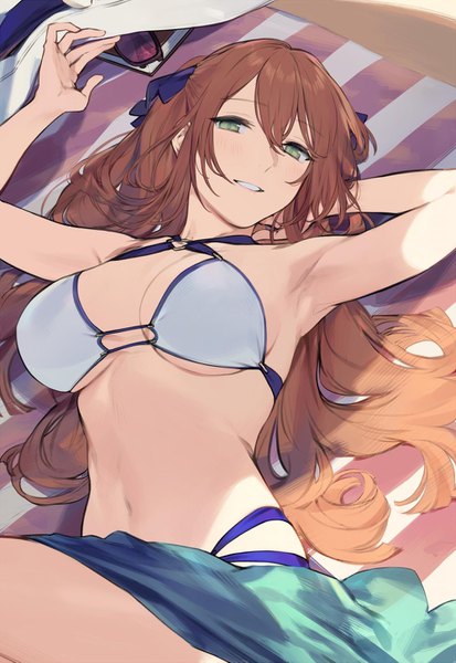 Anime picture 1000x1453 with girls frontline m1903 springfield (girls frontline) duoyuanjun single long hair tall image looking at viewer blush fringe breasts light erotic smile hair between eyes brown hair large breasts bare shoulders green eyes payot cleavage lying